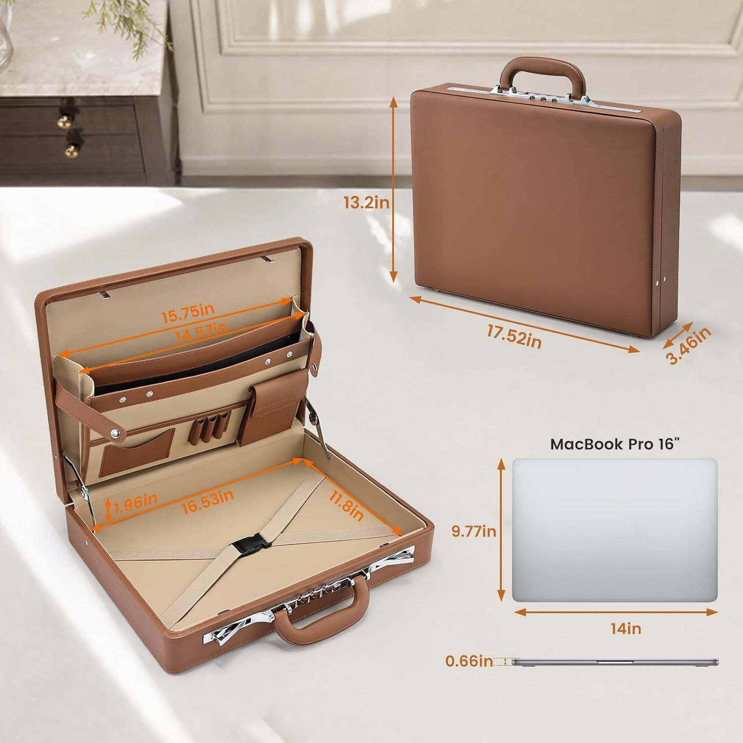 Professional Leather Briefcase for Men, 16″ Laptop & Documents, Brown