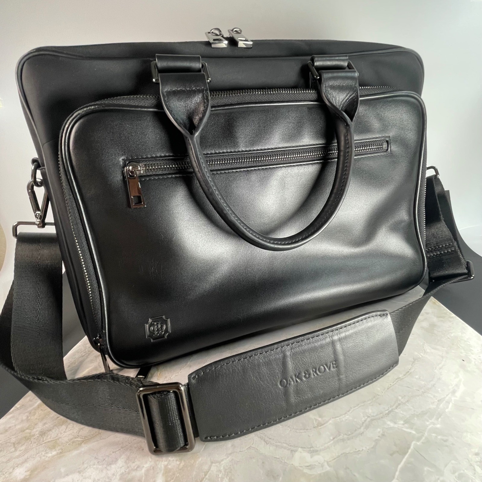 Sleek Oak & Rove Briefcase Mens Black Leather Laptop Bag Messenger Travel Carry