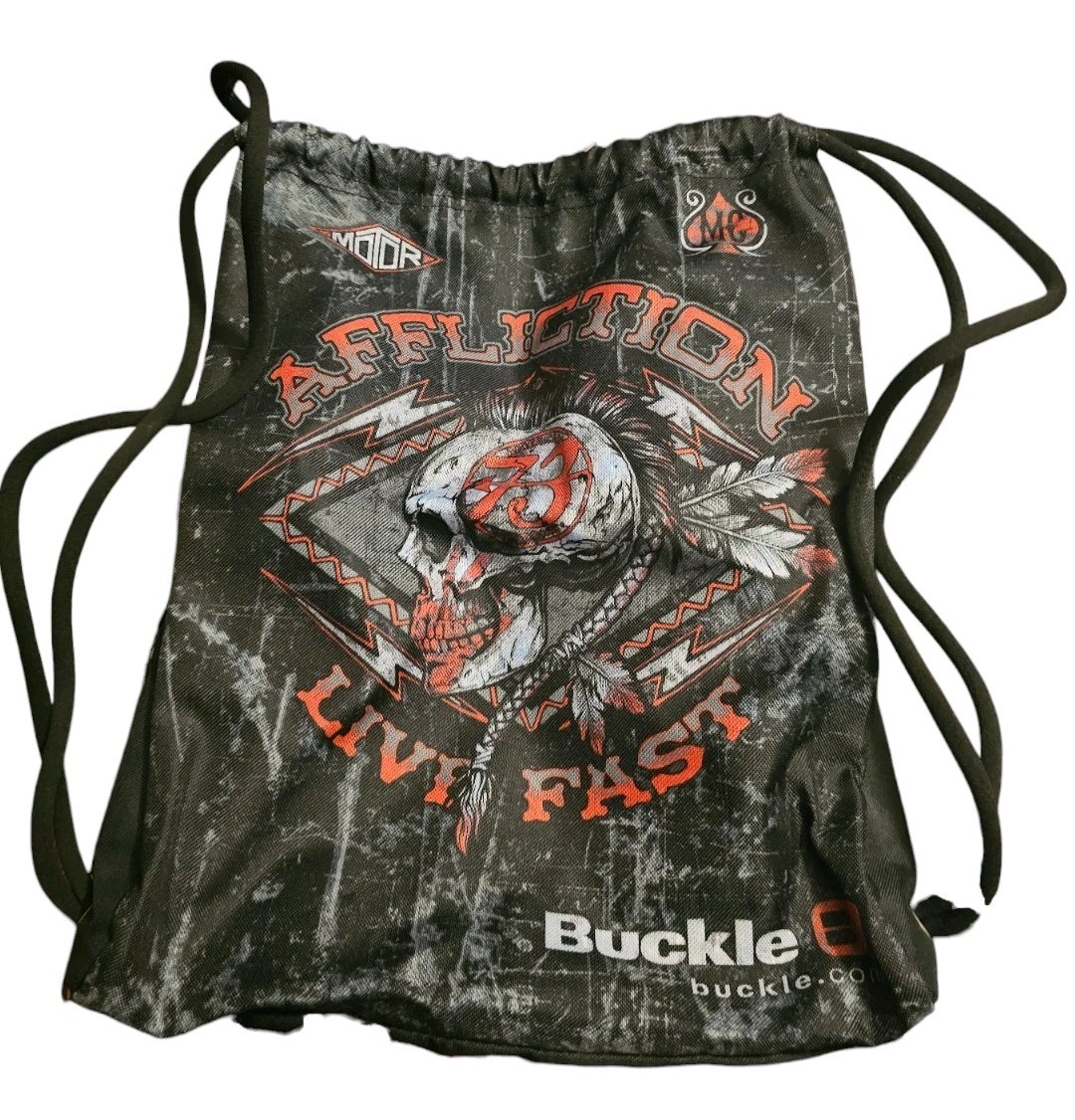 Affliction Buckle Live Fast Drawstring Sackpack Drawsting, Side Zip Y2K Grunge