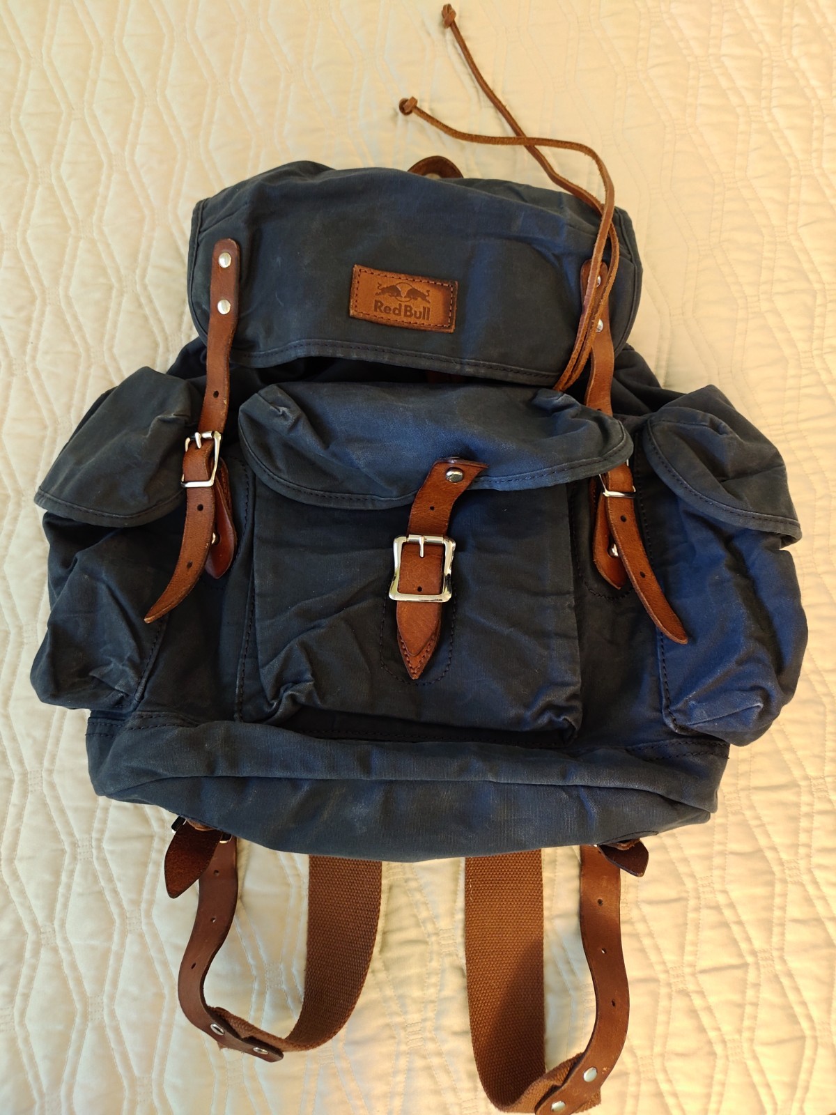 Red Bull Waxed Canvas Leather Backpack Rare. Blue And Brown Leather.