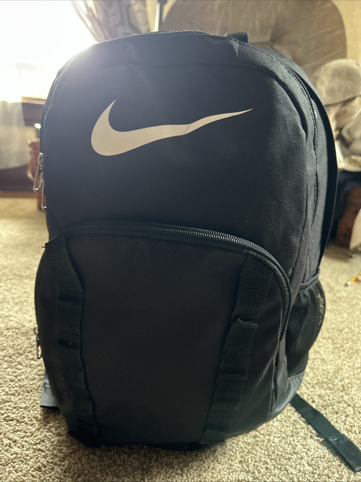 VTG Nike Nylon Backpack Black 4 Outside Zip Pockets 18x13x5 Zip Both Ways EUC
