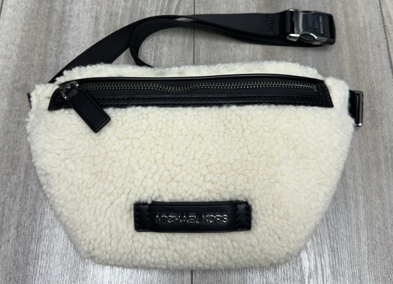 Michael Kors Cooper Faux Shearling Mini Belt Bag Sling Pack Natural
