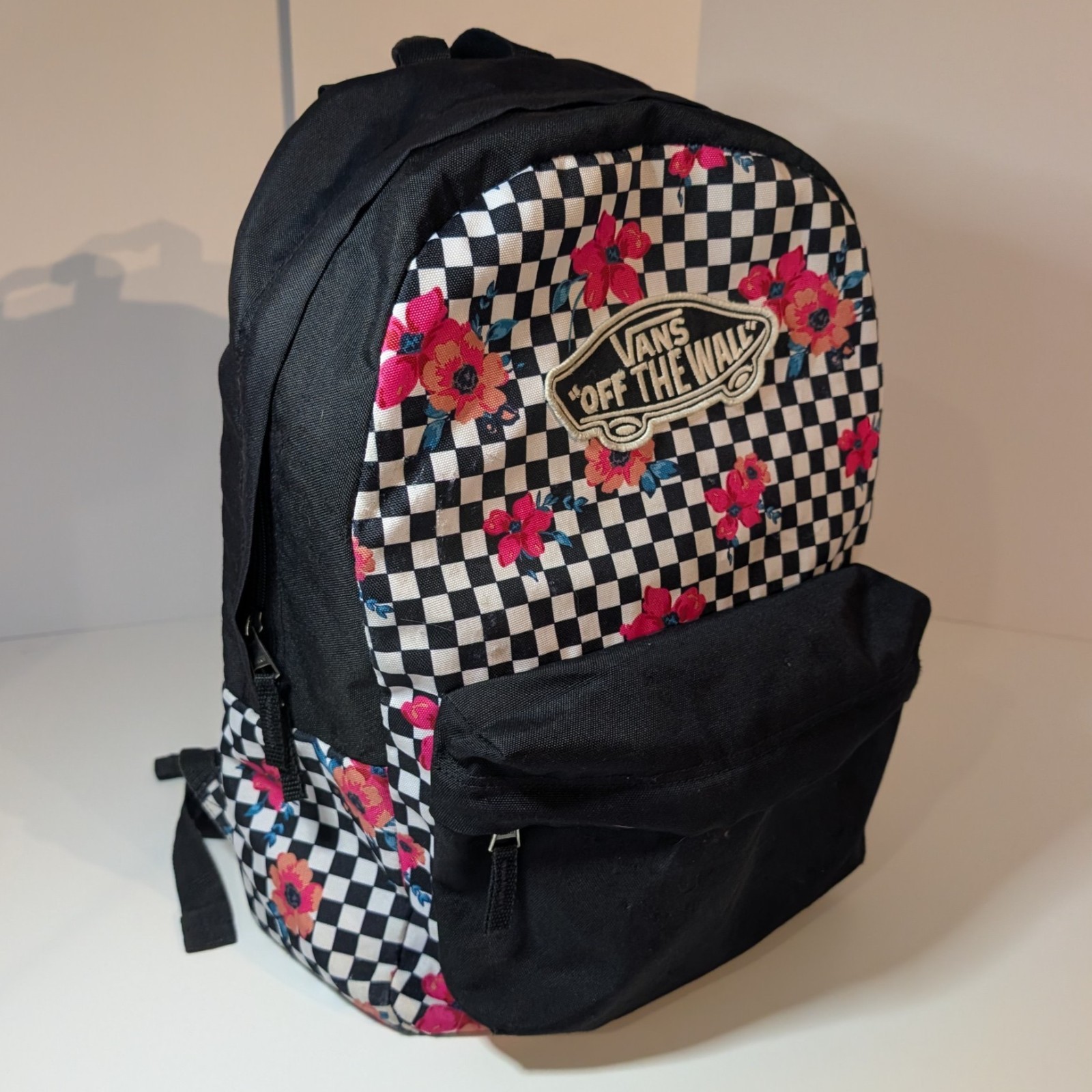 Vans Off The Wall Backpack Black White Checkered Floral with Pink Roses, Daypack