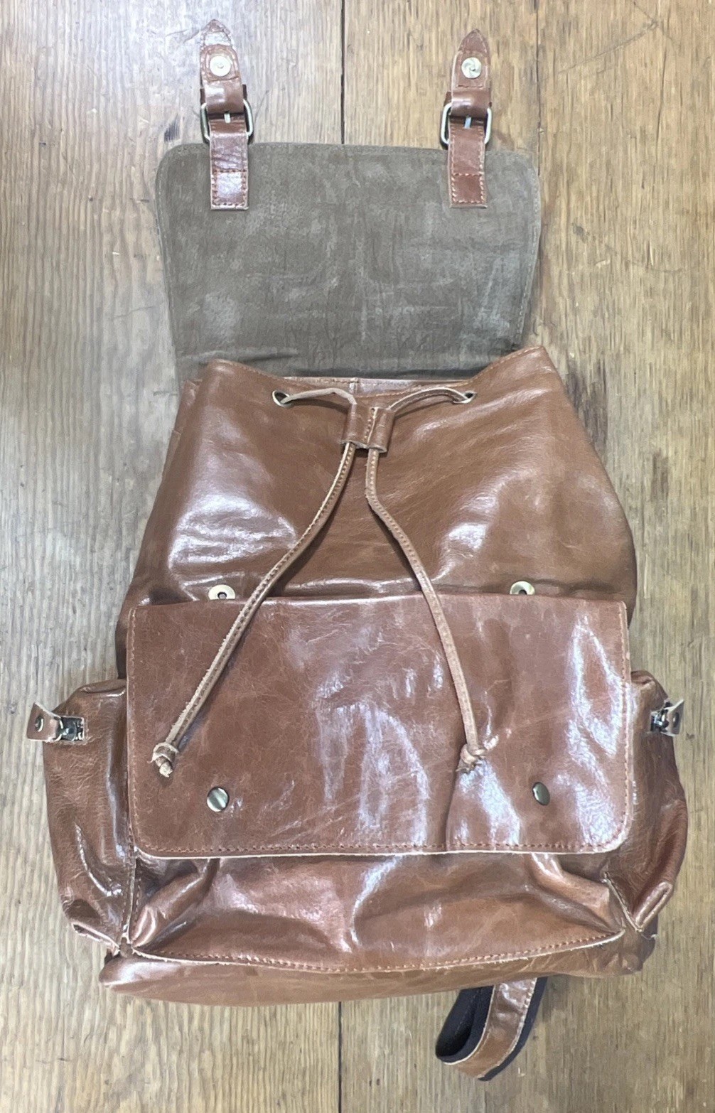 S -Zone Brown Soft Leather Backpack Denim Lining Drawstring Snap Pockets Large