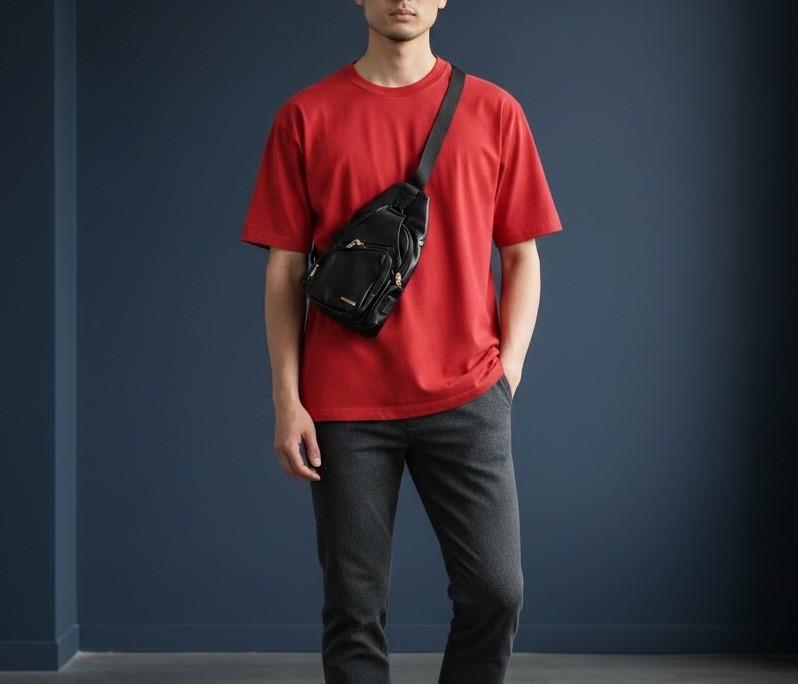 Men’s Black Crossbody Sling Chest Bag Adjustable Strap Zip Closure Outer Pockets