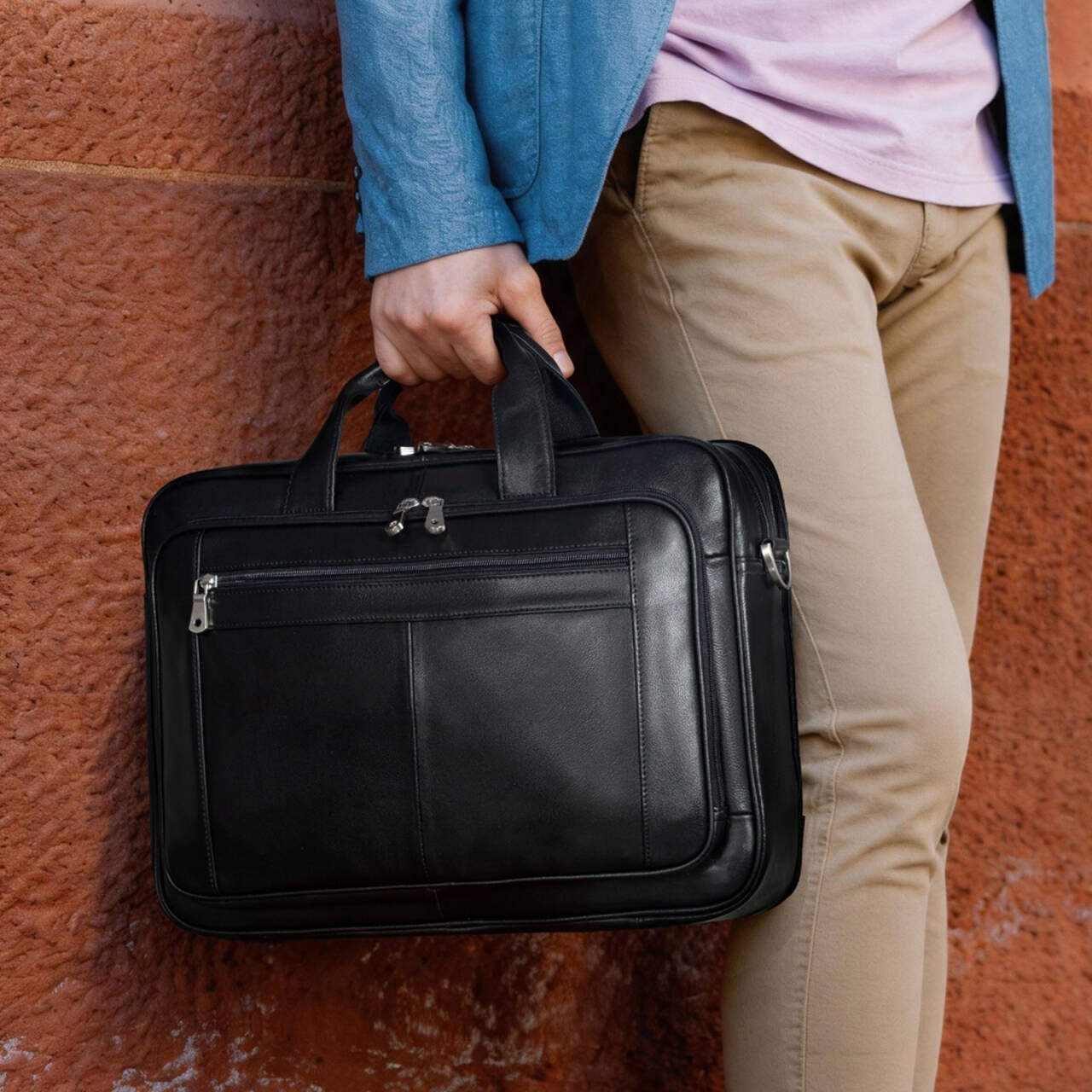 Augus Leather Briefcase for Men 16” Laptop Messenger Bag with Luggage Strap