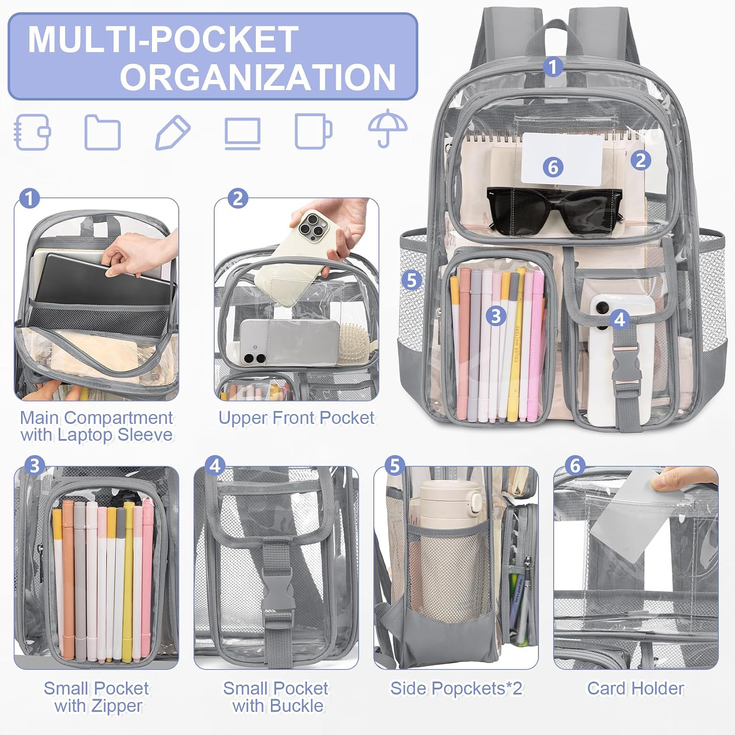 Clear Backpack for School, Large Heavy Duty Clear Bookbag with Luggage Strap & S