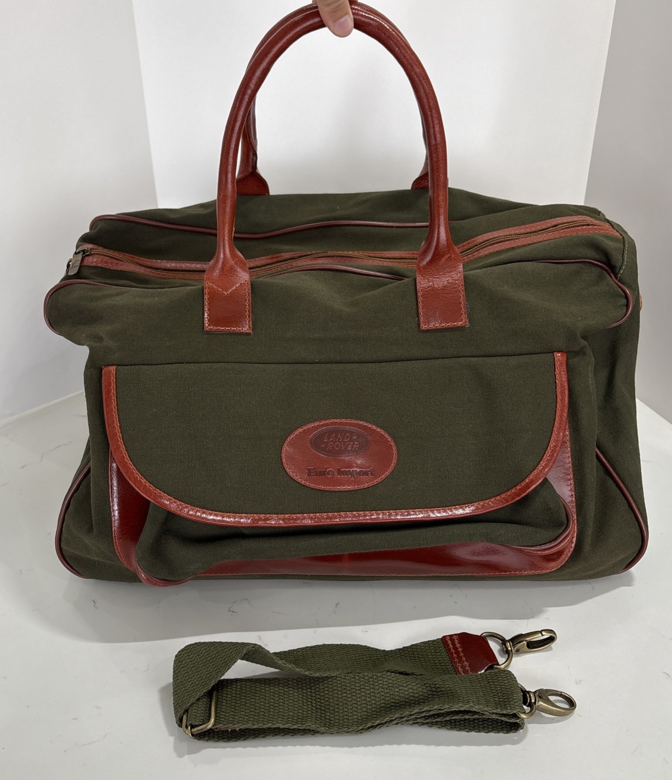 Land Rover euro import canvas bag green with brown leather Trim & shoulder strap