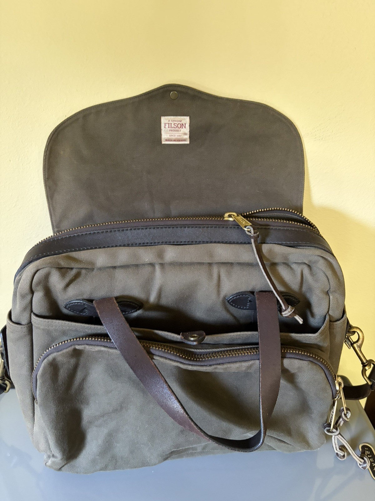Filson Rugged Twill Original Briefcase with Leather Strap- Olive/Otter Green