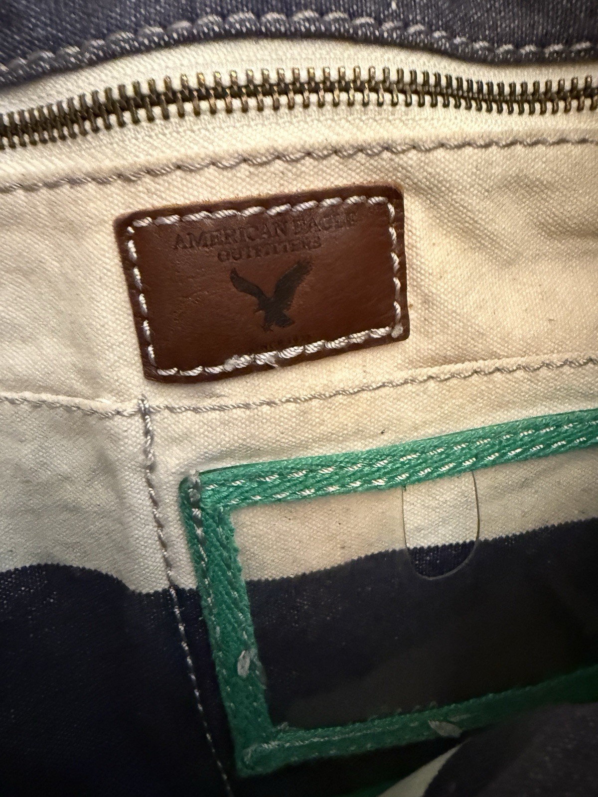 VTG American Eagle Messenger School Bag Stripe Cotton Leather Strap & Patches
