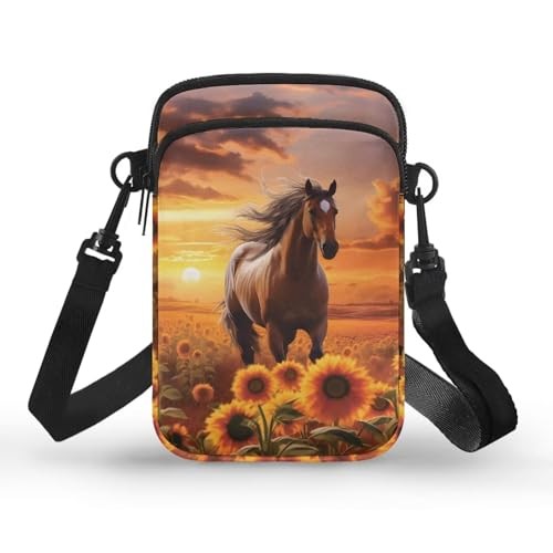 2 Layer Cat Print Crossbody Bags Polyester Horse Sunflower Sunset Brown