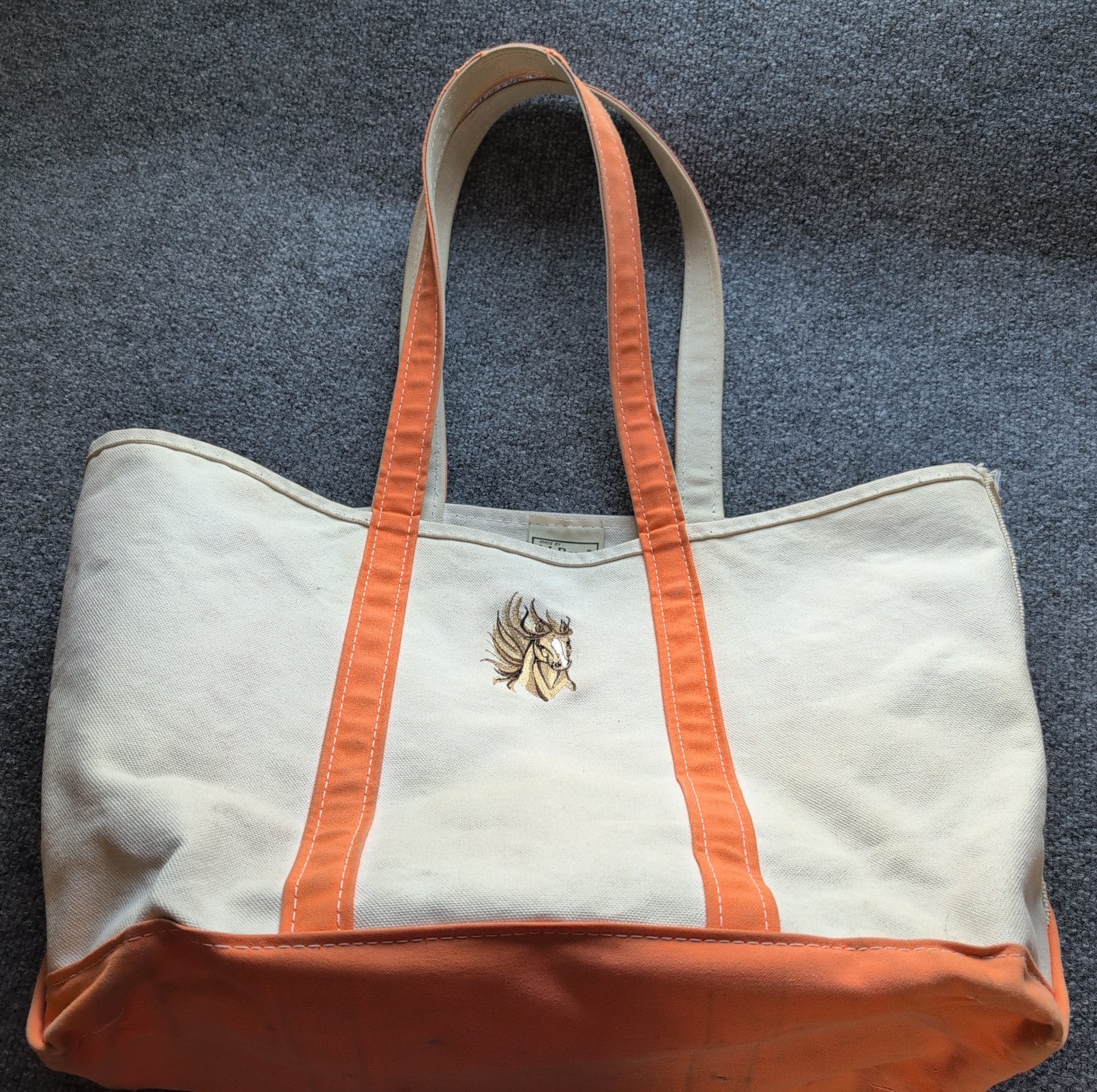 Vintage L L Bean Boat Tote Coral Peach Canvas Large USA Horse Custom Equestrian