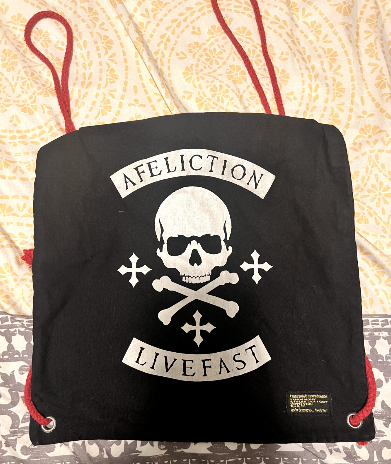 Super Rare Affliction Live Fast Drawstring backpack with Misspelled Brand Name