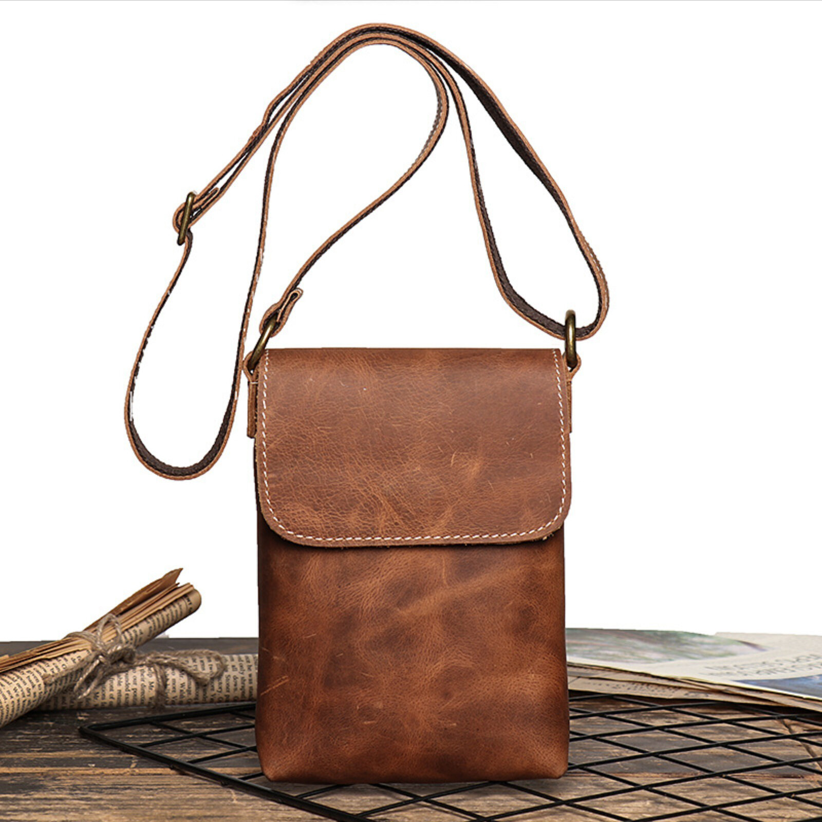 Mens Leather Shoulder Bag Small Crossbody Pouch Vintage Phone Wallet Carrier