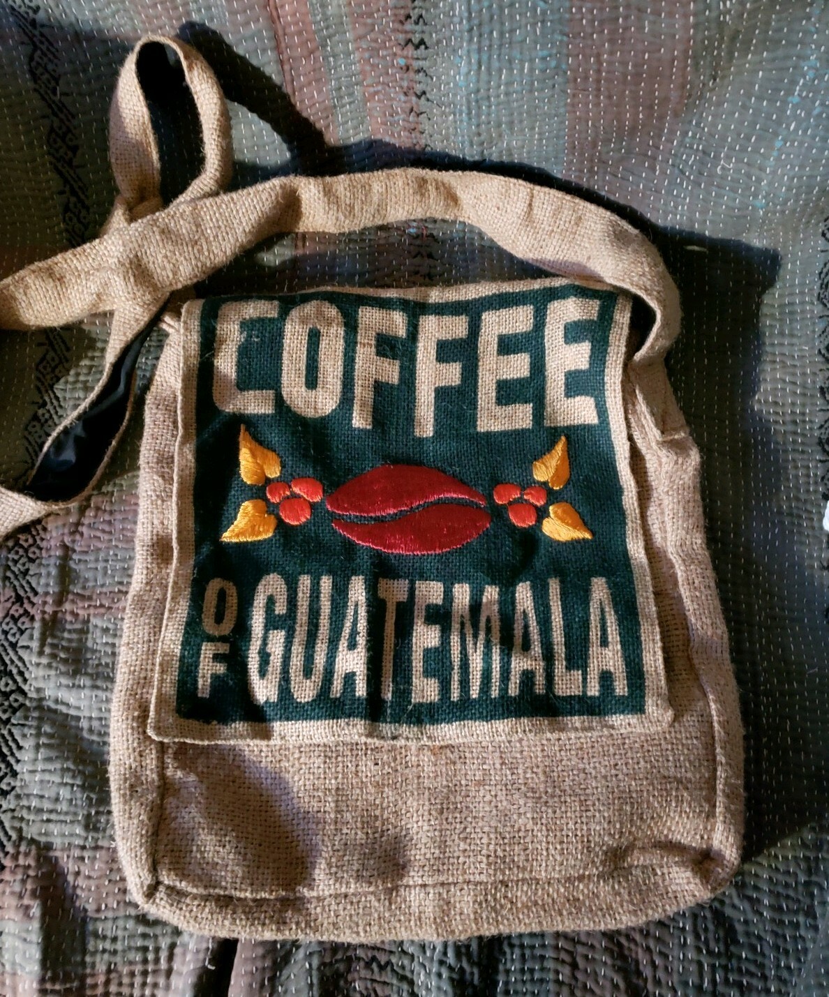 Vintage burlap Guatemala coffee sack messenger cross body bag handbag vegan