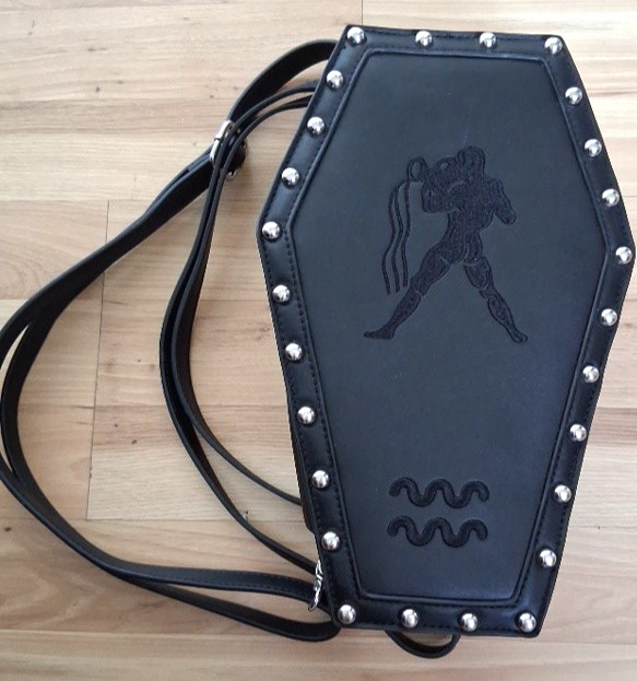 Black Coffin Style Gothic Backpack w/ Embroidered Aquarius Zodiac & Metal Studs