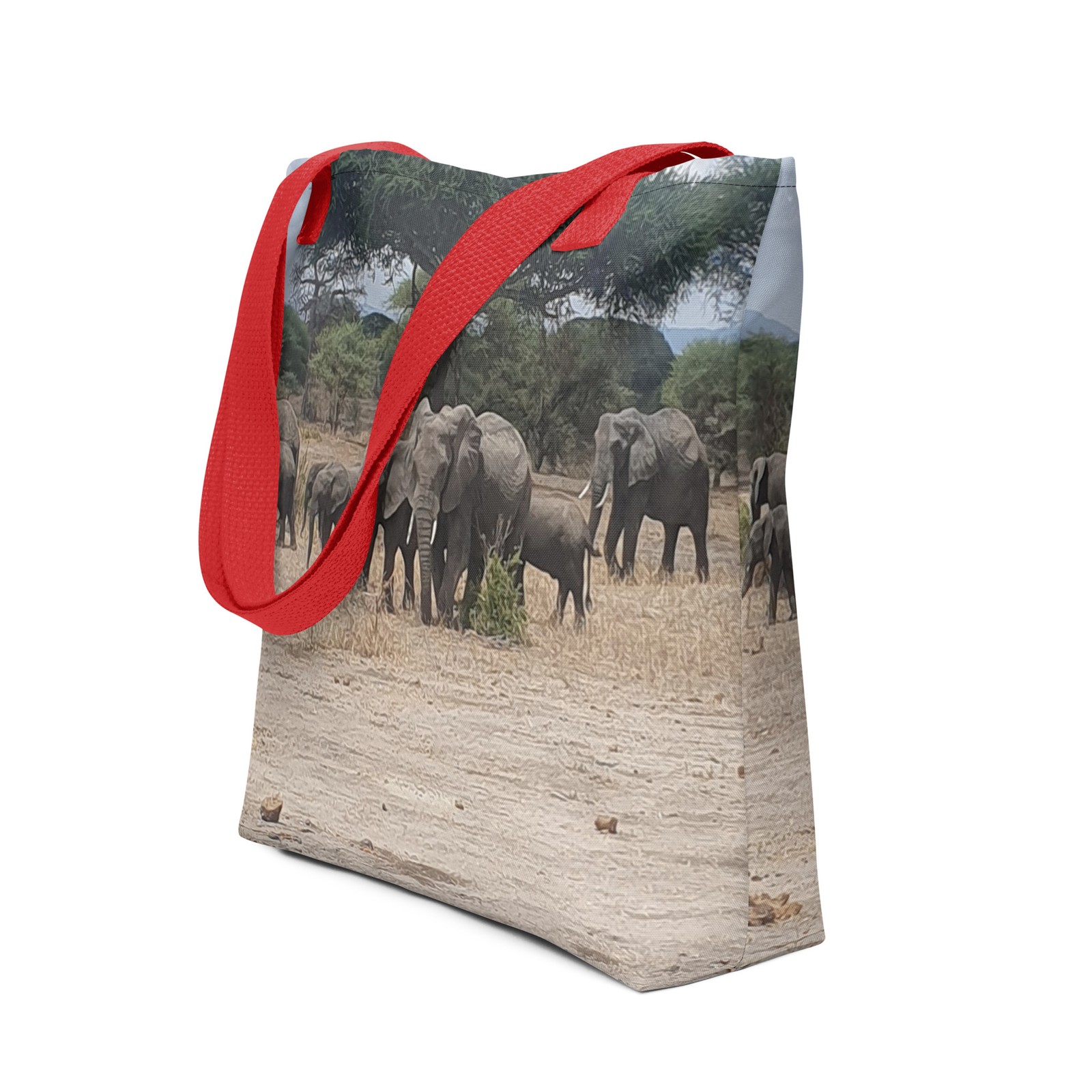„Tanzania Safari Elephant Tote Bag – Red Handle, Wildlife“