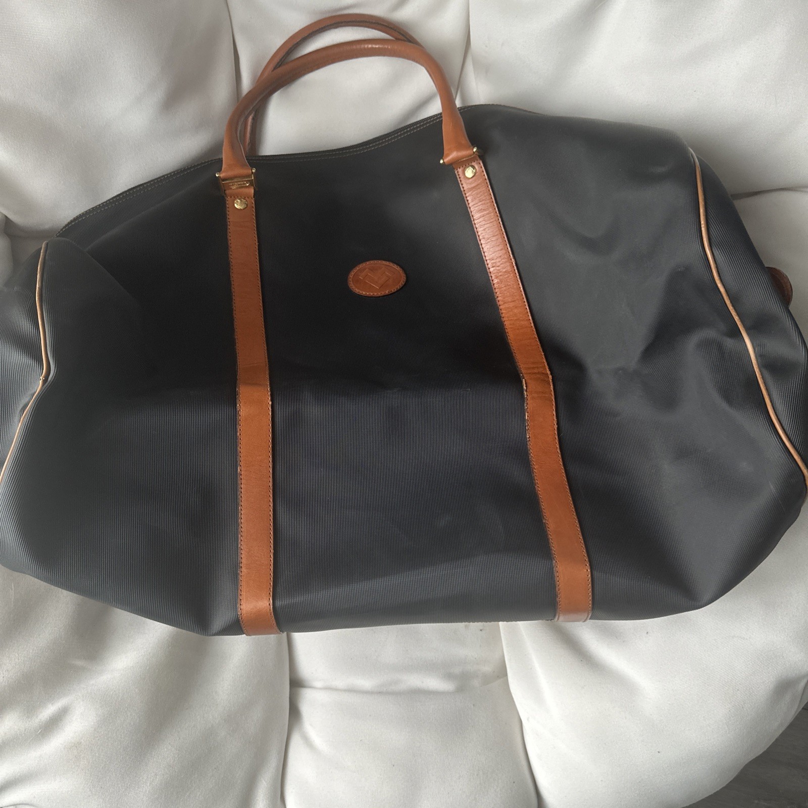 Mario Valentino Made in Italy Black Nylon Brown Leather Duffel Travel Bag