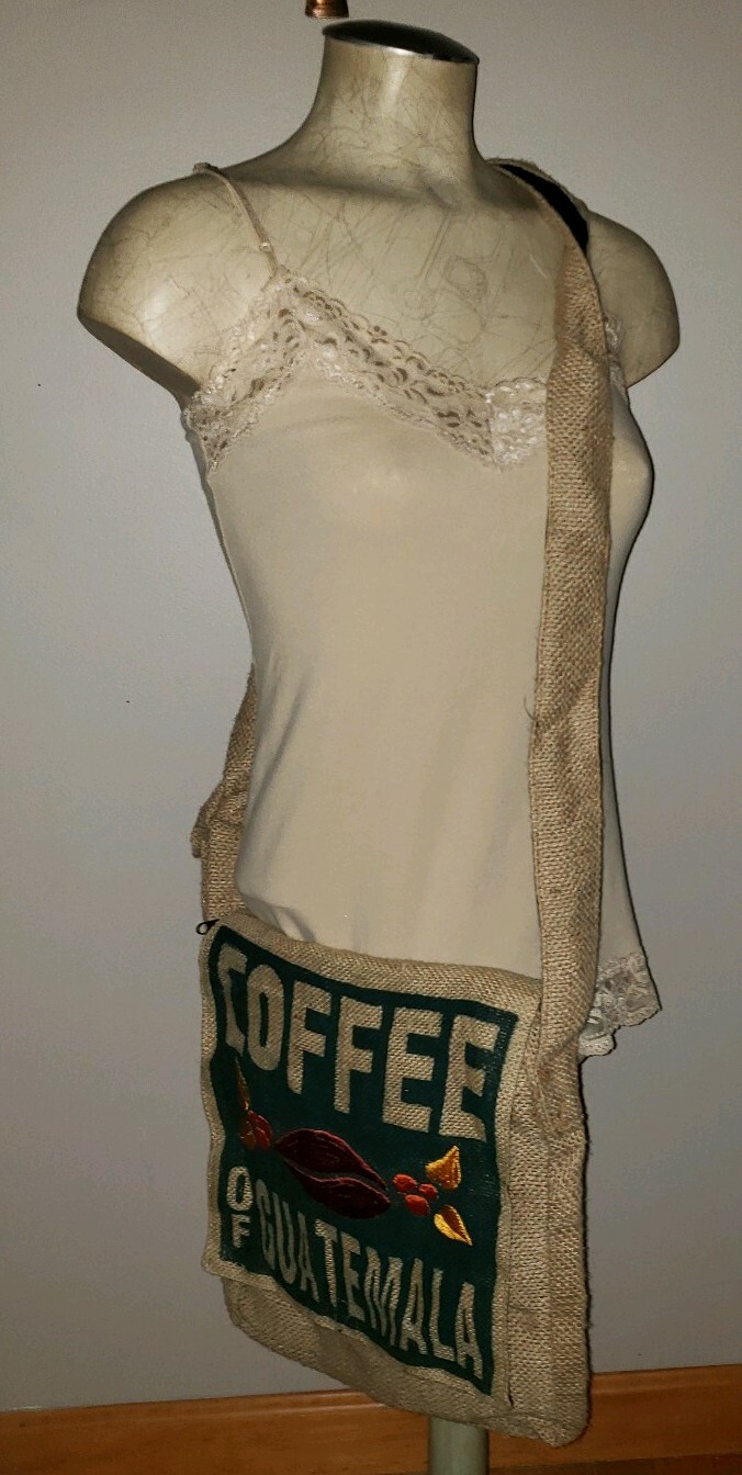 Vintage burlap Guatemala coffee sack messenger cross body bag handbag vegan