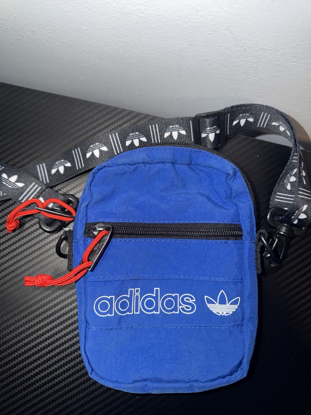 adidas Trefoil Logo Small Crossbody Bag Blue Zip Closure Adjustable Strap