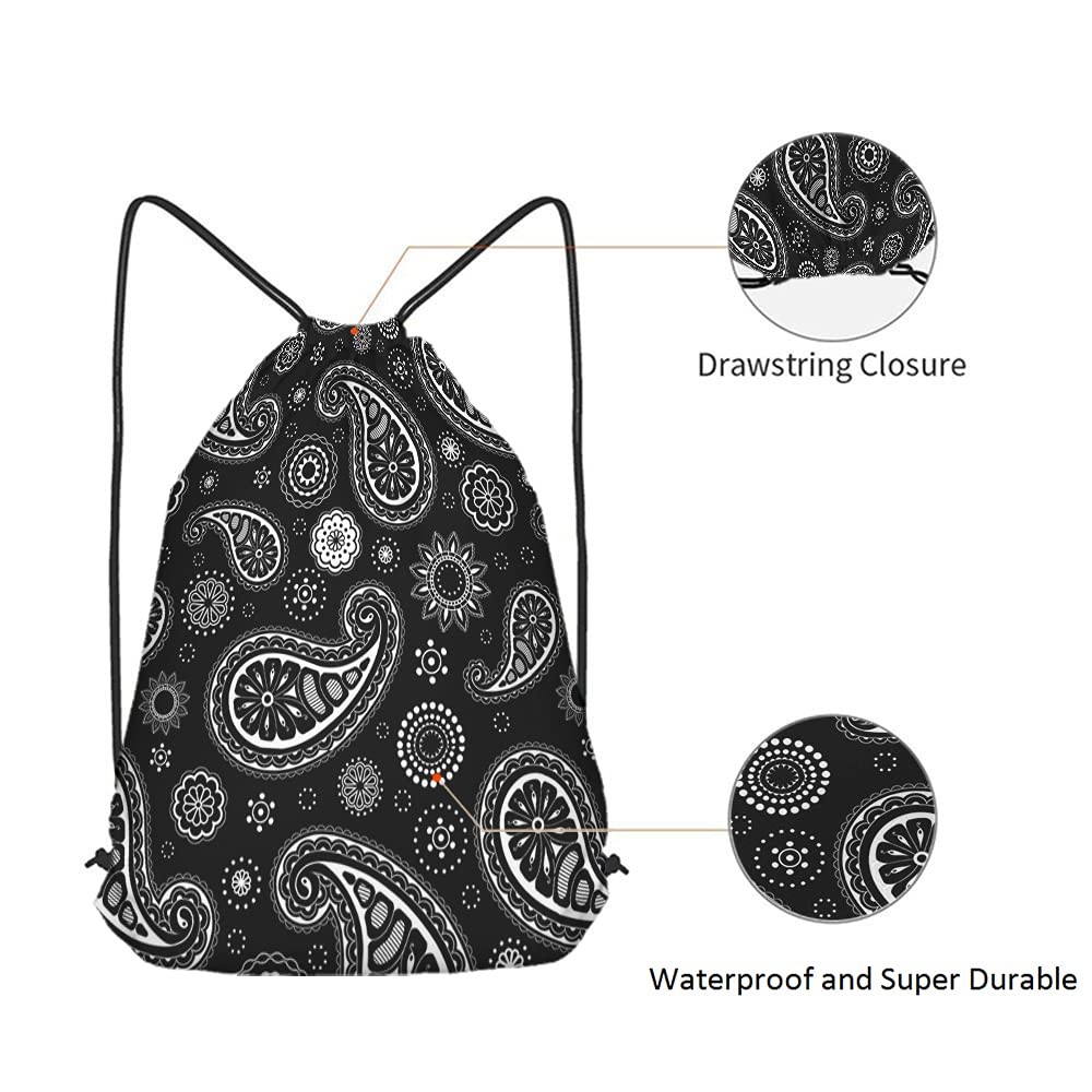 Paisley Pattern Drawstring Bag Black White Floral Ethnic Art Sport Gym Sack