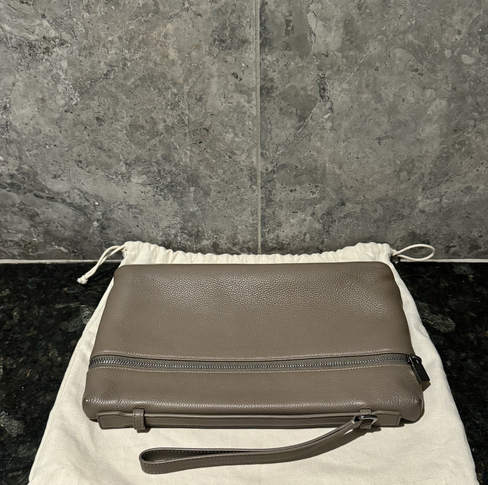 LORO PIANA ‘Extra Pouch L29’ Grained Calfskin Leather Bag Warm Mastic Onyx $2250