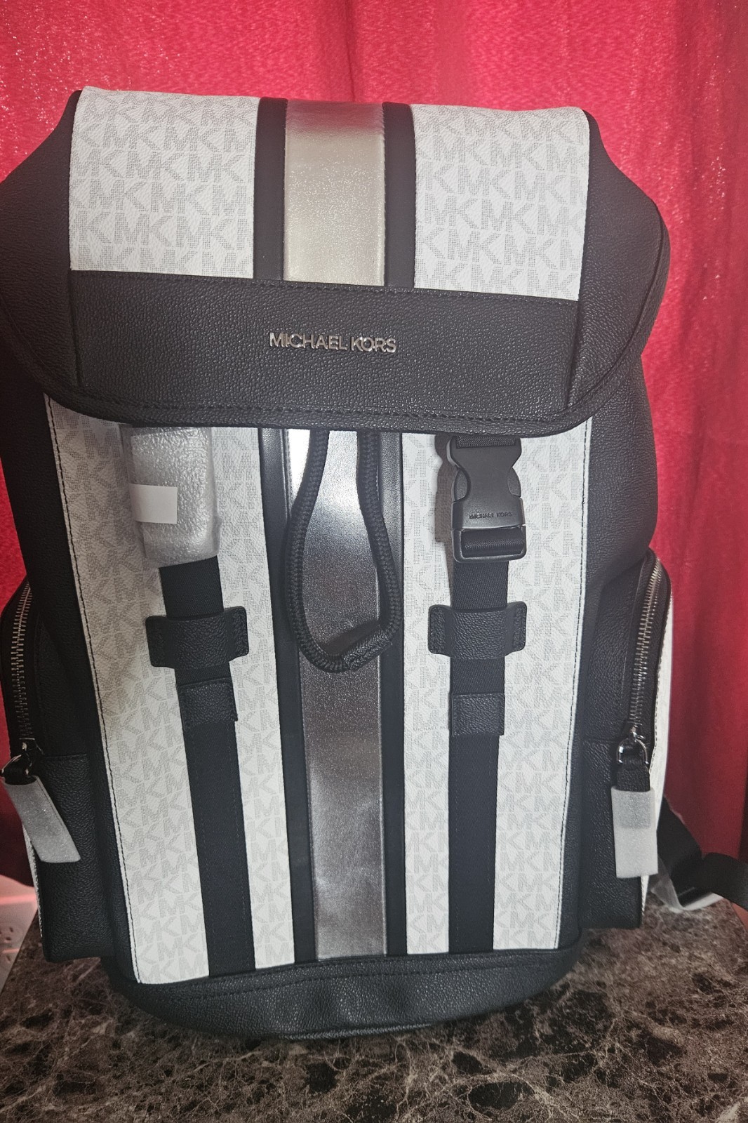 Michael Kors Cooper Medium Metallic Striped Logo backpack Black $498