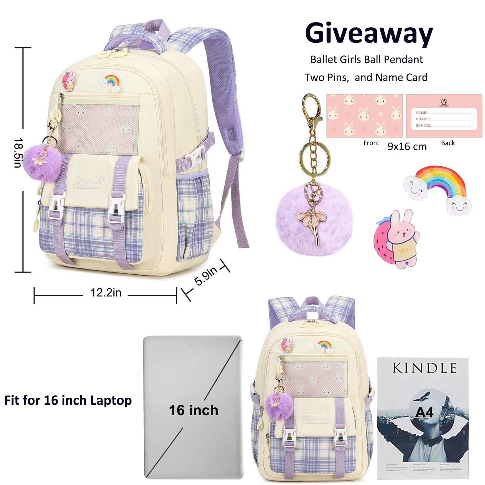 Beige and Purple Elementary Middle School Aesthetic Preppy Backpack For Girls
