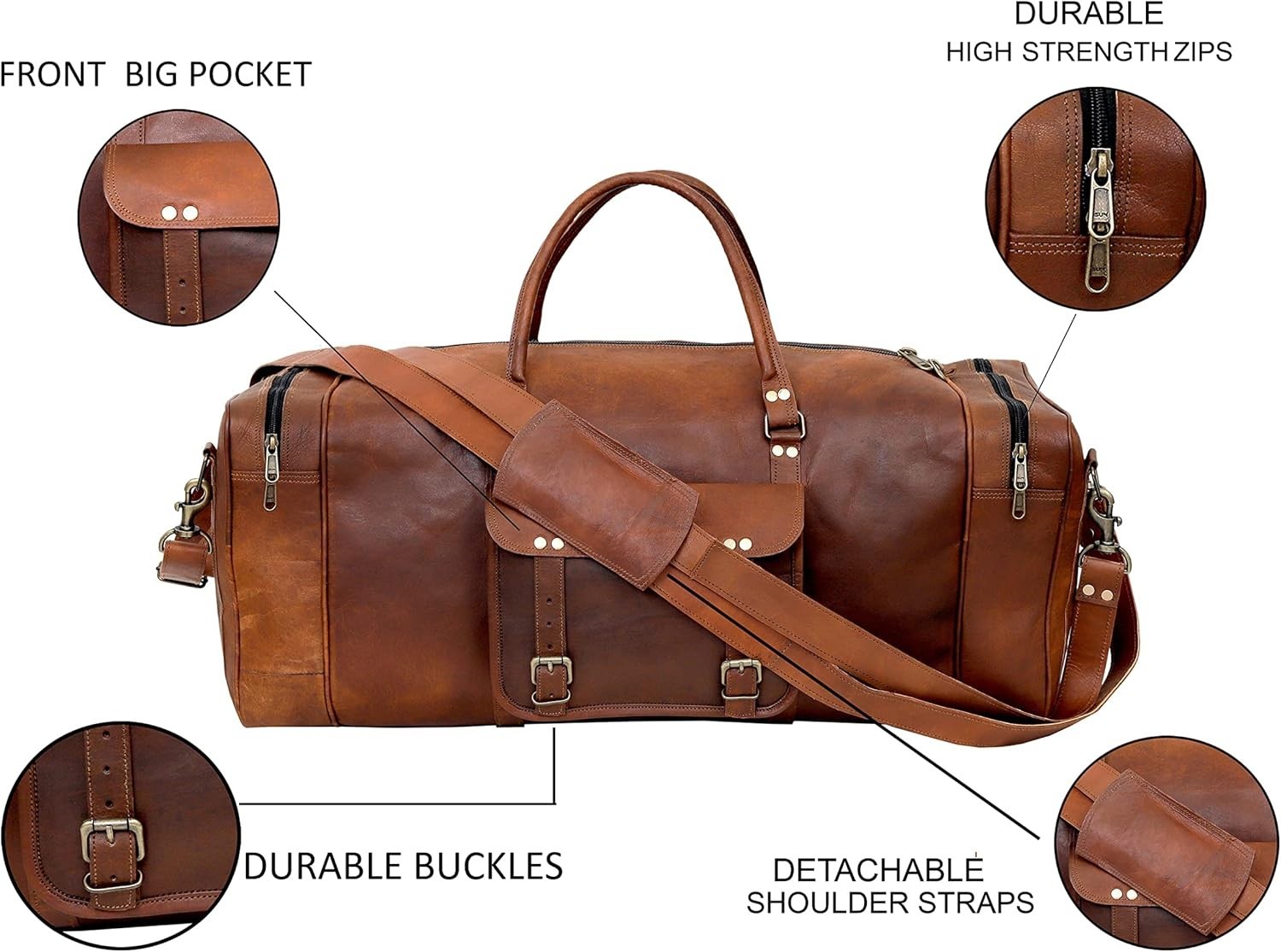Men’s brown Leather Large Capacity Duffle Travel Gym Weekend Overnight Bag