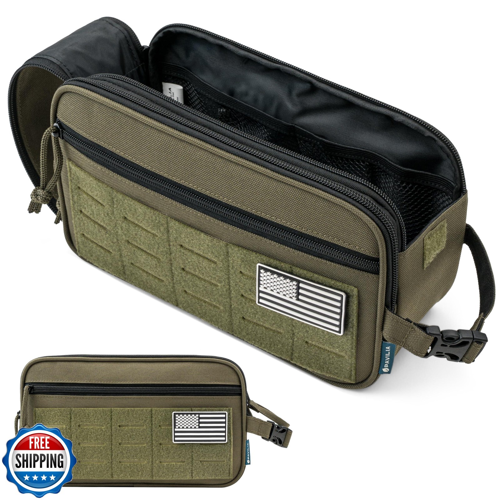 PAVILIA Extra Large Tactical Toiletry Bag for Men, Travel Hygiene Bag, Milita