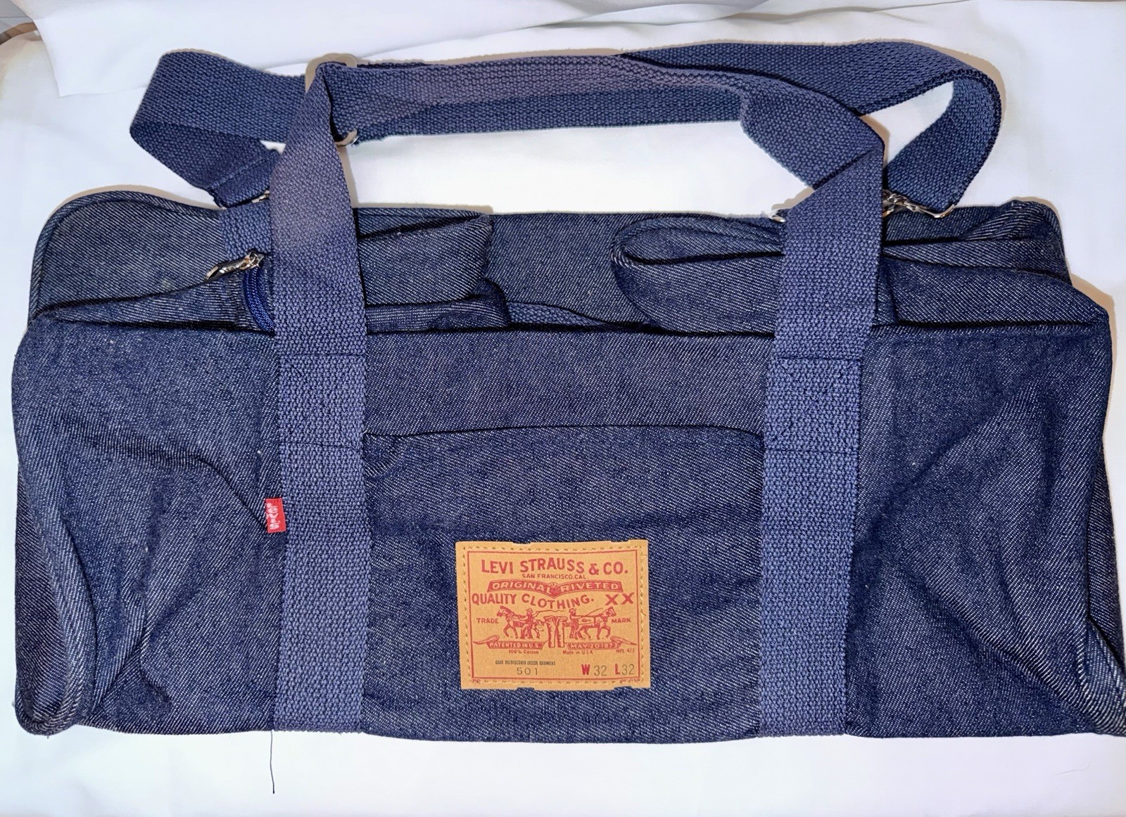 Vintage 80s Levi’s 501 Denim Blue Canvas Duffel Gym Weekender Travel Bag