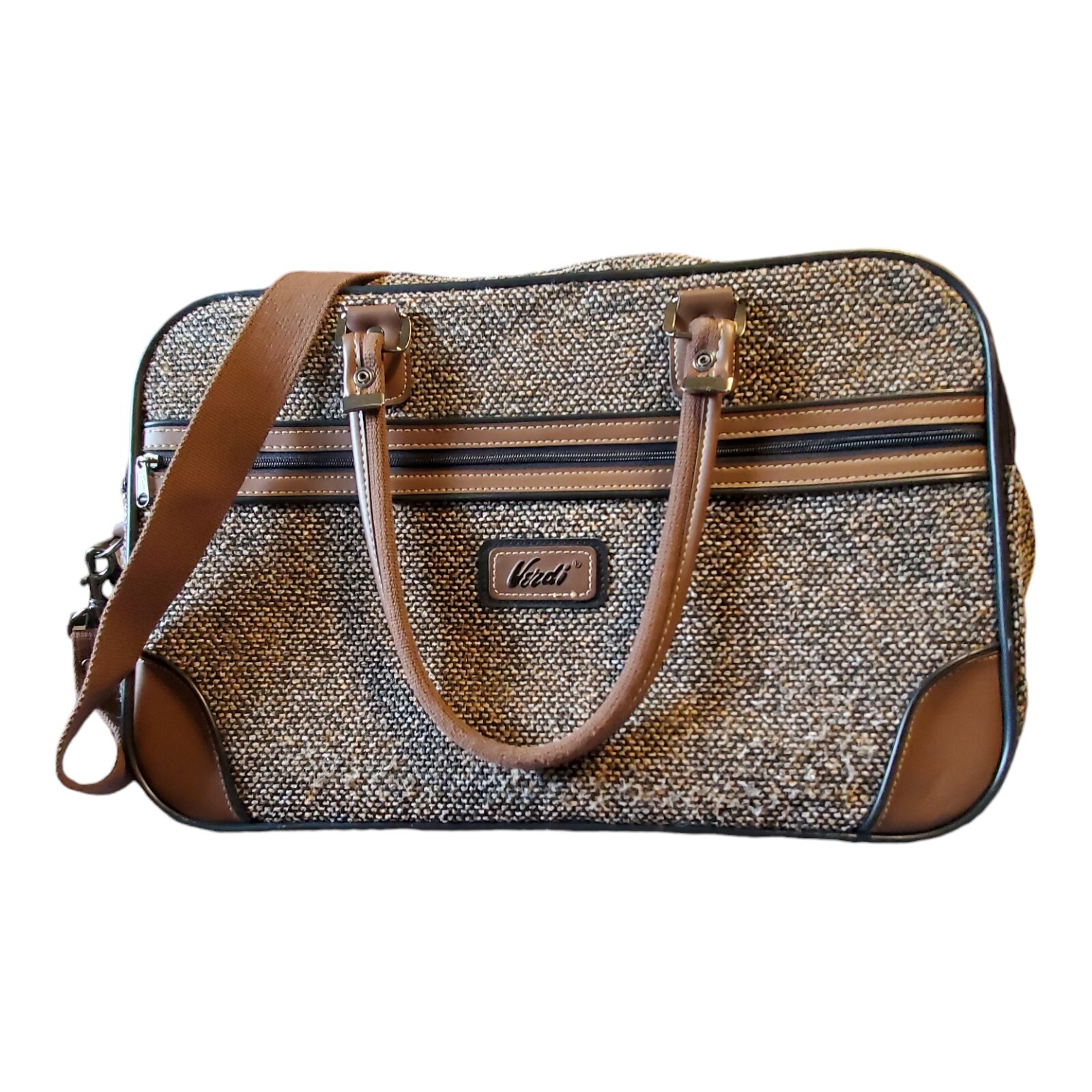 Vintage Verdi Tweed Leather Trim Pockets Travel Bag Shoulder 19.5X12.5X7.5″