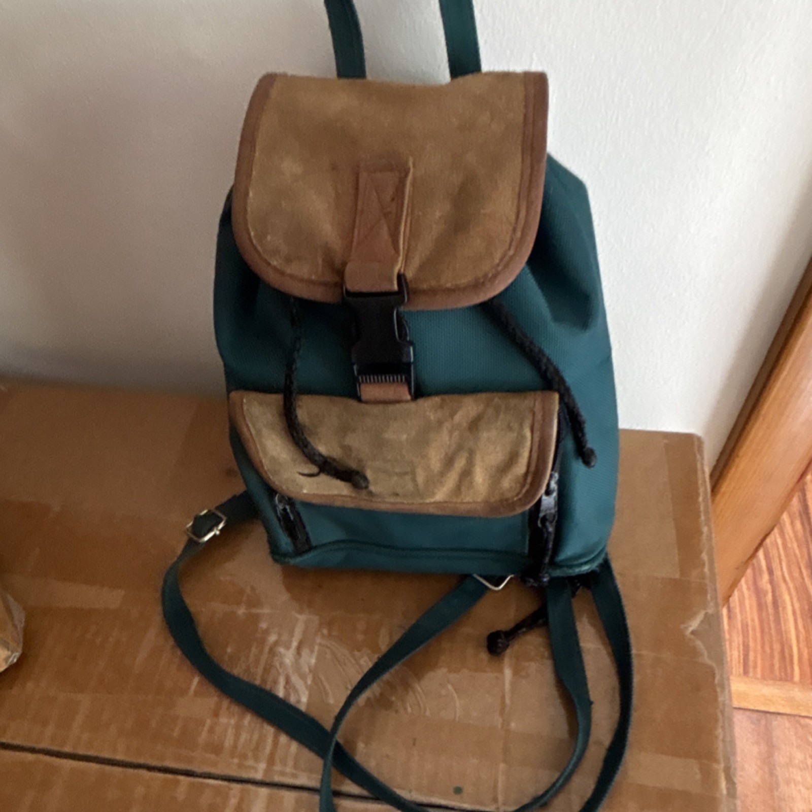 Green Brown Backpack Buckle Drawstring Outer Pockets Adjustable Strap