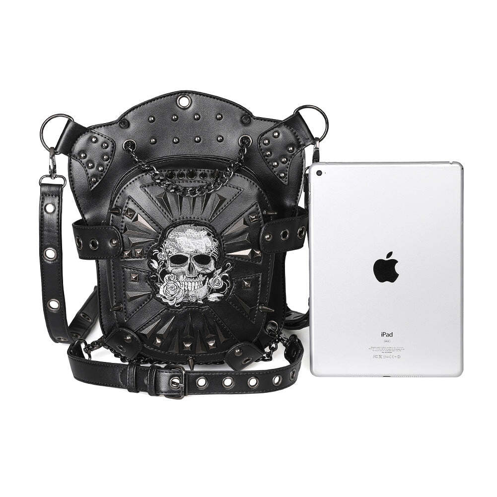 Embroidered Skull Spikes Rivets & Chains Black Leather Backpack
