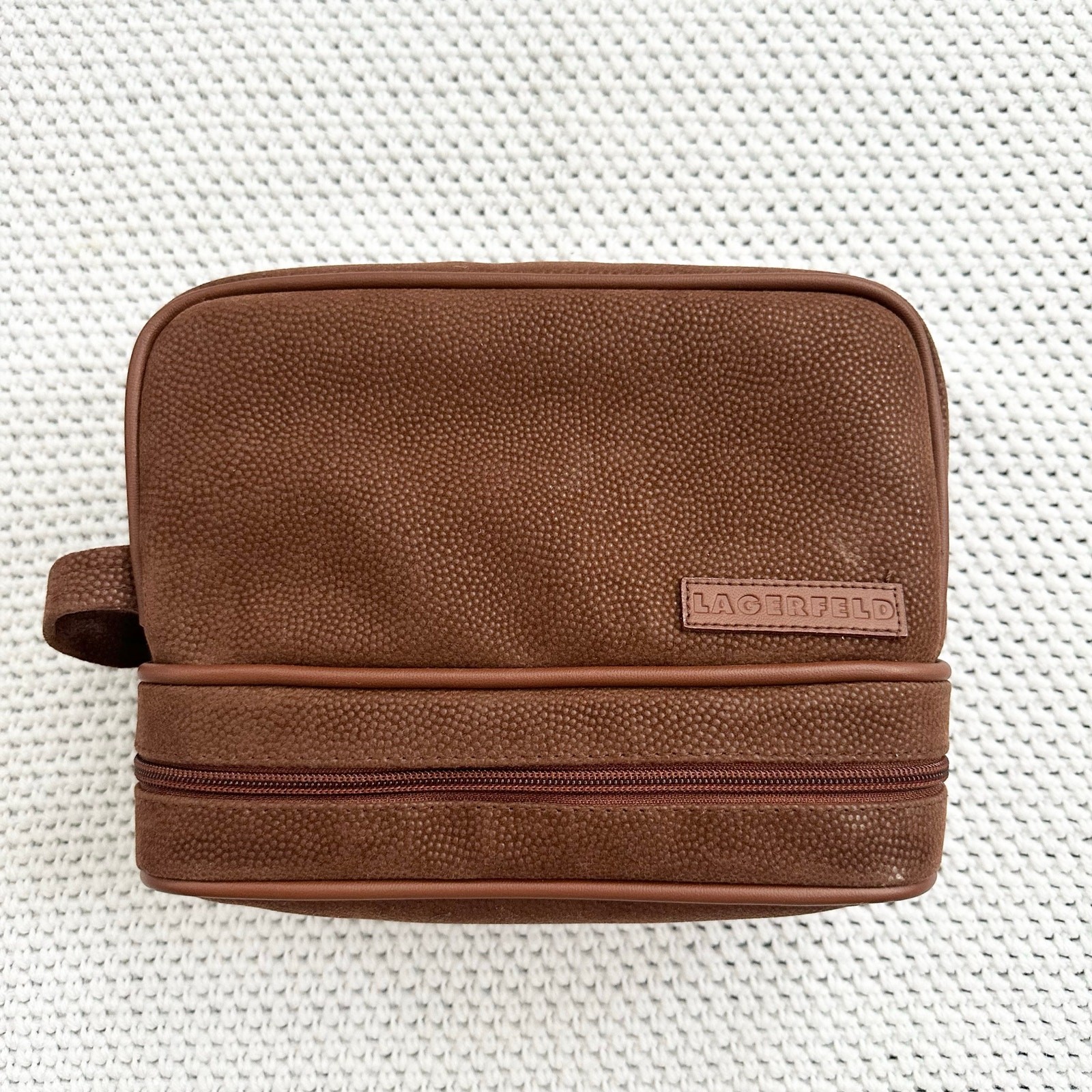 Lagerfeld Parfums Brown Textured Faux Nubuck Double Zip Toiletries Dopp Kit Bag