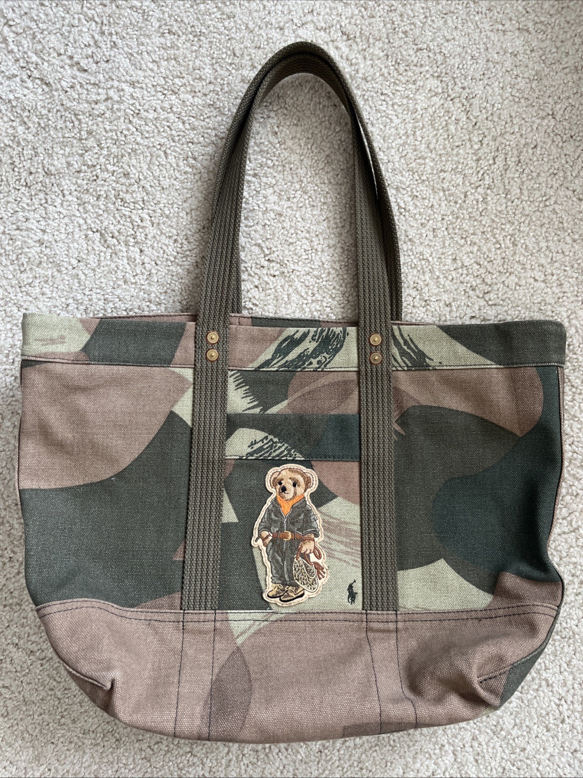 Polo Ralph Lauren Camo Polo Bear Canvas Tote Bag Preppy EUC