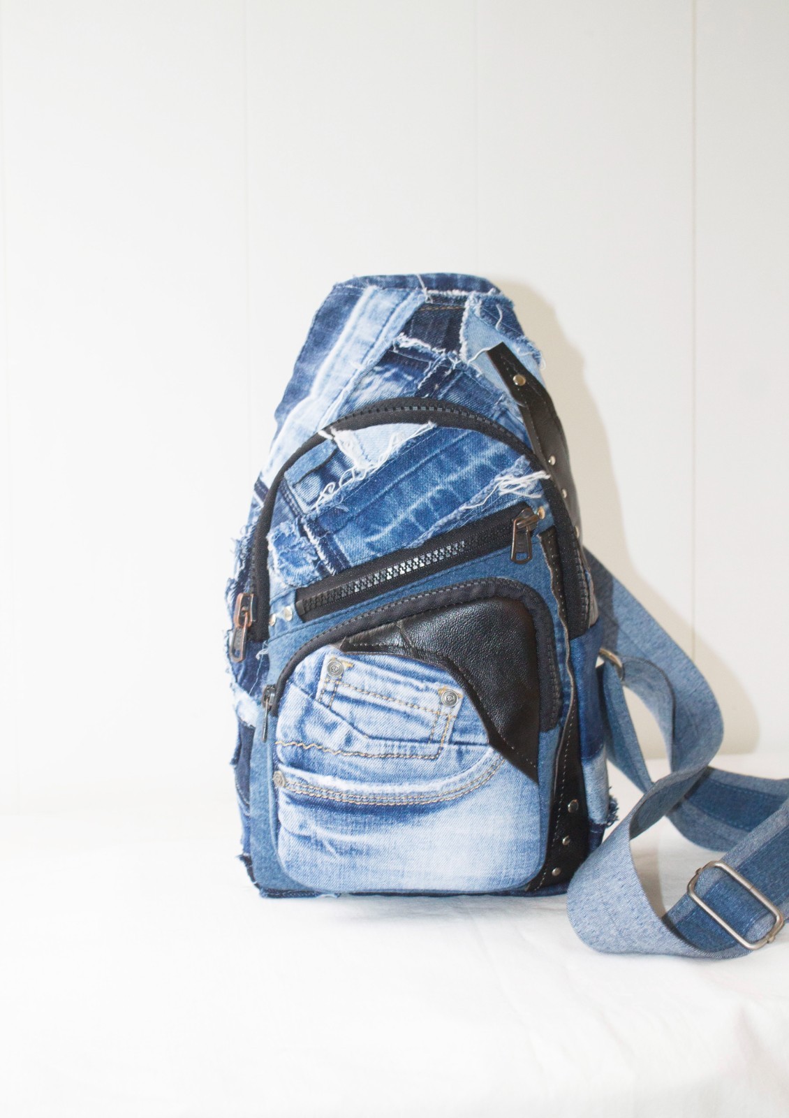 Denim single-strap chest backpack Upcycling Unisex sling bag