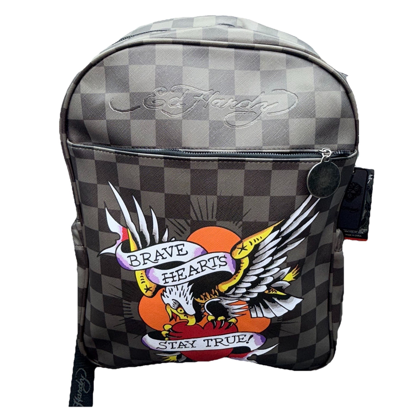 Ed Hardy Backpack Checkered Brown Brave Hearts Stay True Leather NWT