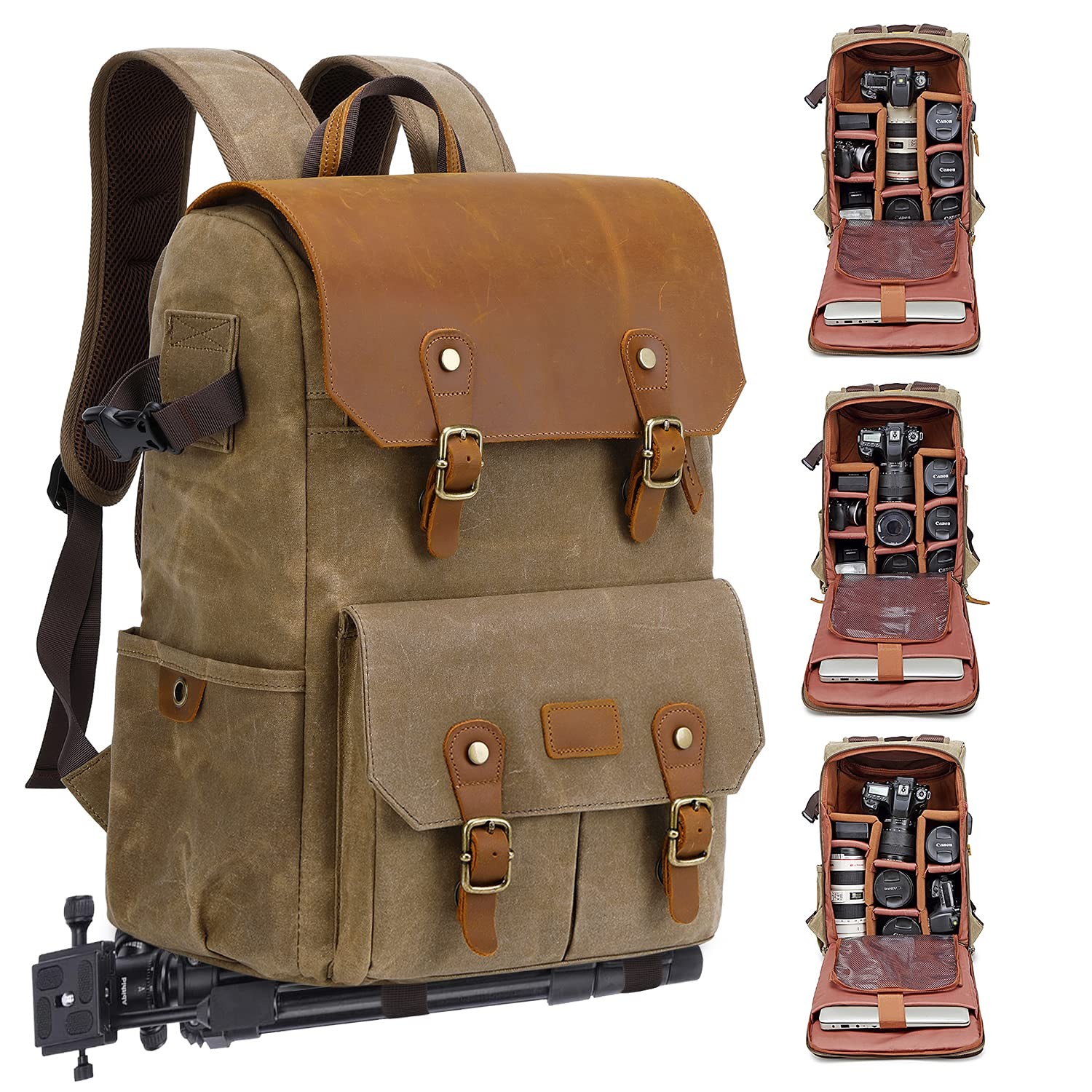 Camera Backpack 16 Ounces 15.6” Laptop Sleeve Tripod Holder Khaki Waxed Canvas