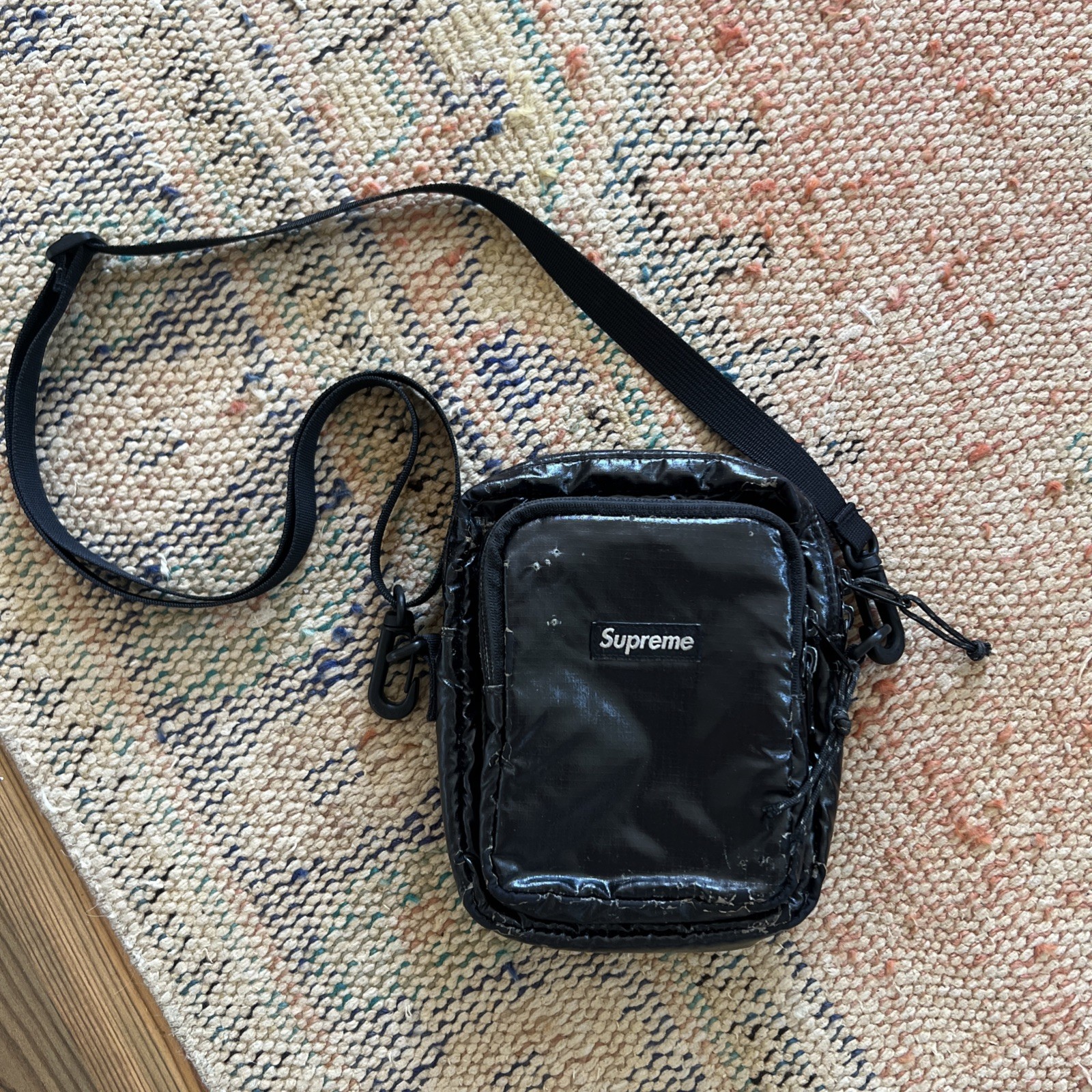 Supreme Black Cordura Crossbody Shoulder Bag Adjustable Strap Zip Closure
