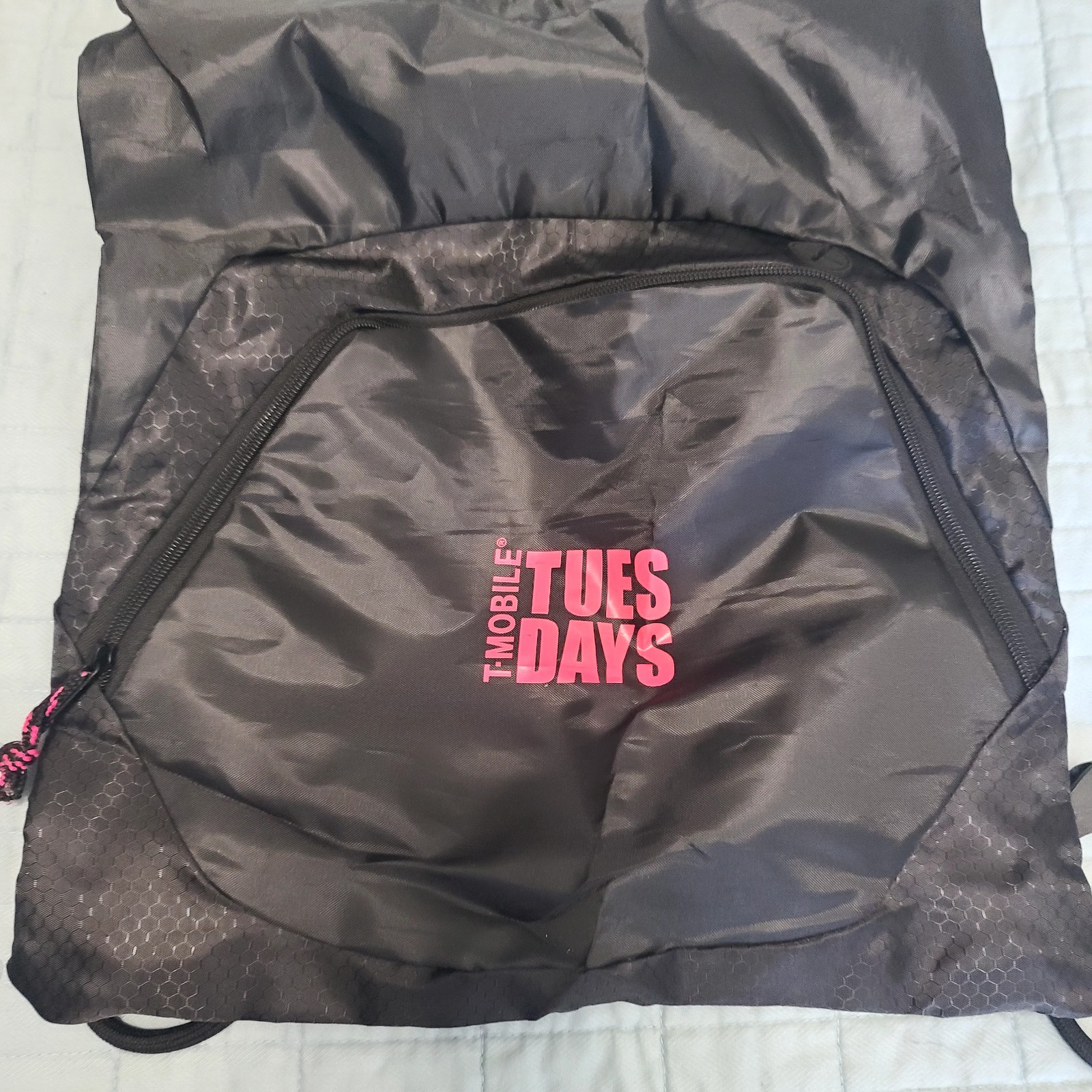T-Mobile Tuesday Drawstring Backpack Bag Black 17″ X 14″ With Zip Pocket