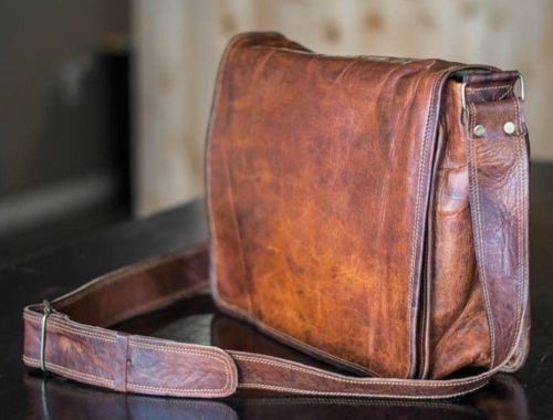 Men’s Womens Messenger Crossbody Satchel Handmade Laptop Brown Goat Leather Bag