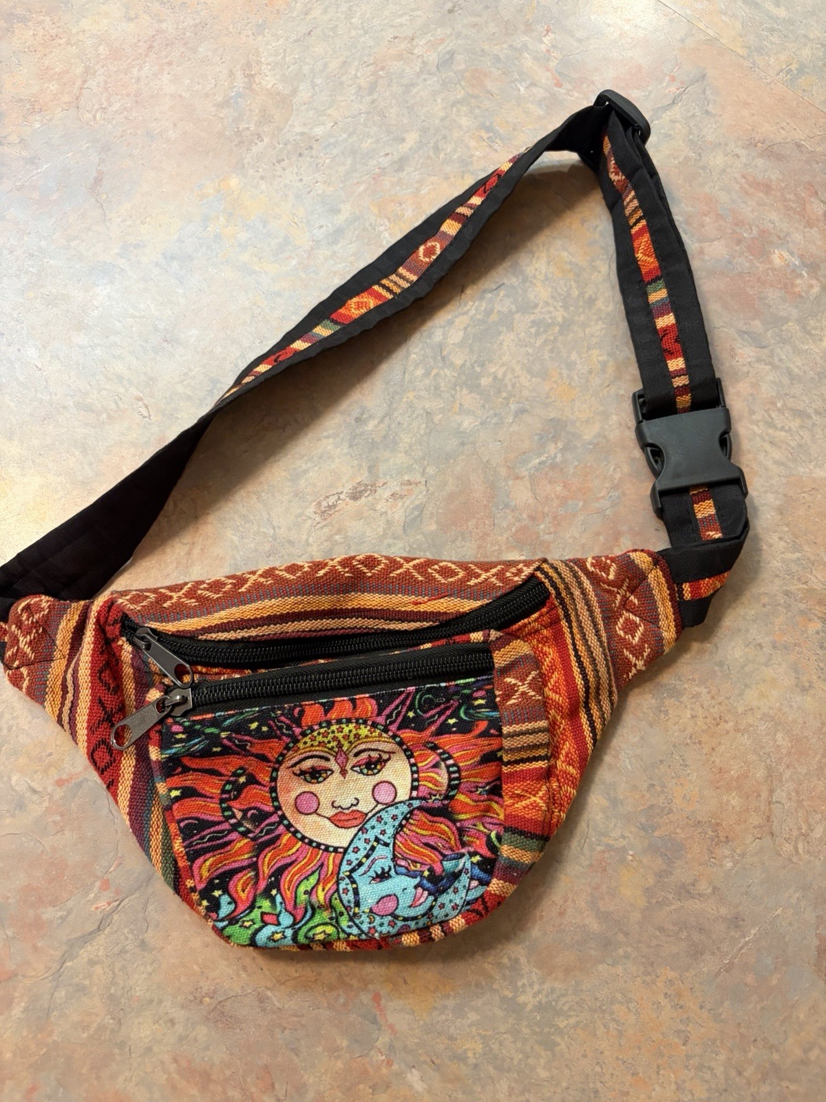 Kathmandu Boho Hippie Style Fanny Pack Hip Waist Rainbow Color W/ Sun And Moon ￼