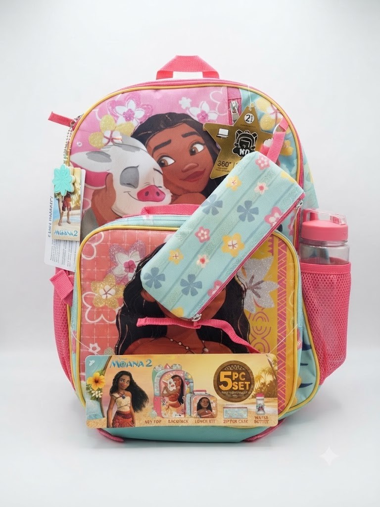 New Disney Moana 2 Backpack- 5 Piece Set Lunch Bag Water Bottle Kids School Gear