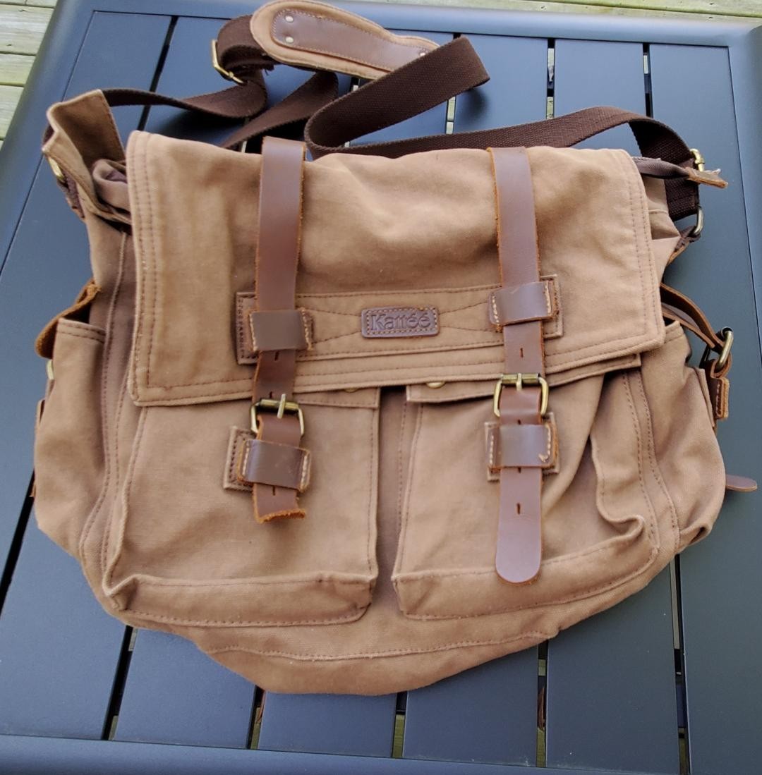 Kattee Brown Canvas & Leather Messenger Shoulder Bag With Adjustable Strap