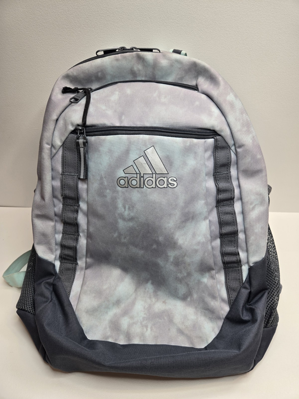 adidas gray/teal backpack load spring straps 4 zipper compartments 2 bottle