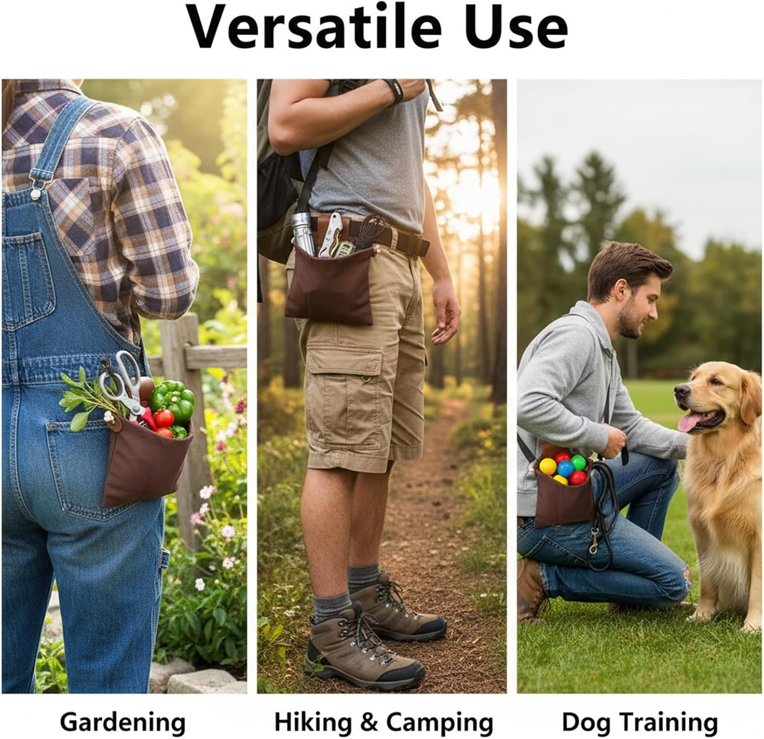 3 Pack Collapsible Foraging Bags, Waxed Canvas Basket Belt Pouches with Leather