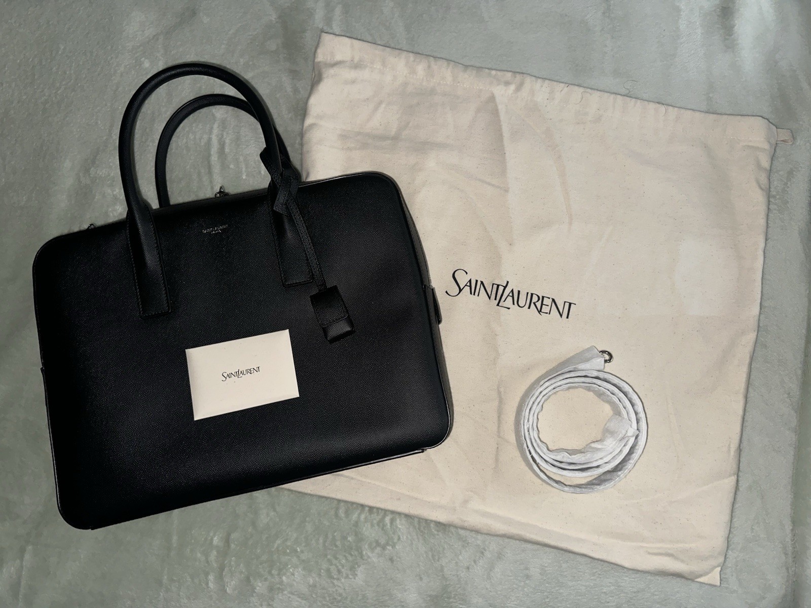 Brand New Saint Laurent YSL Museum Flat Briefcase in Black Textured Leather