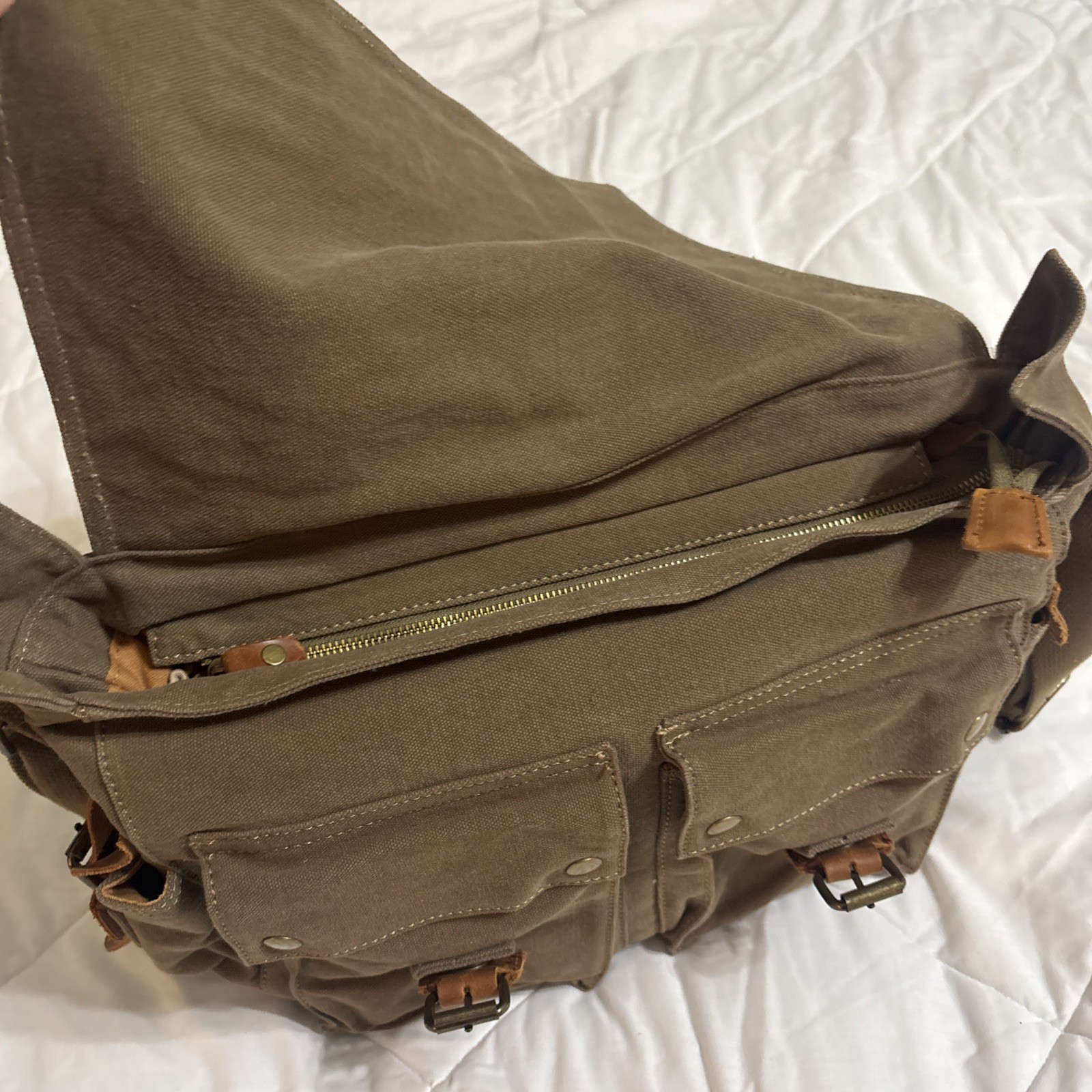 Kattee Canvas Messenger Bag Brown Leather Straps Snap Buckle Zip Adjustable Flap