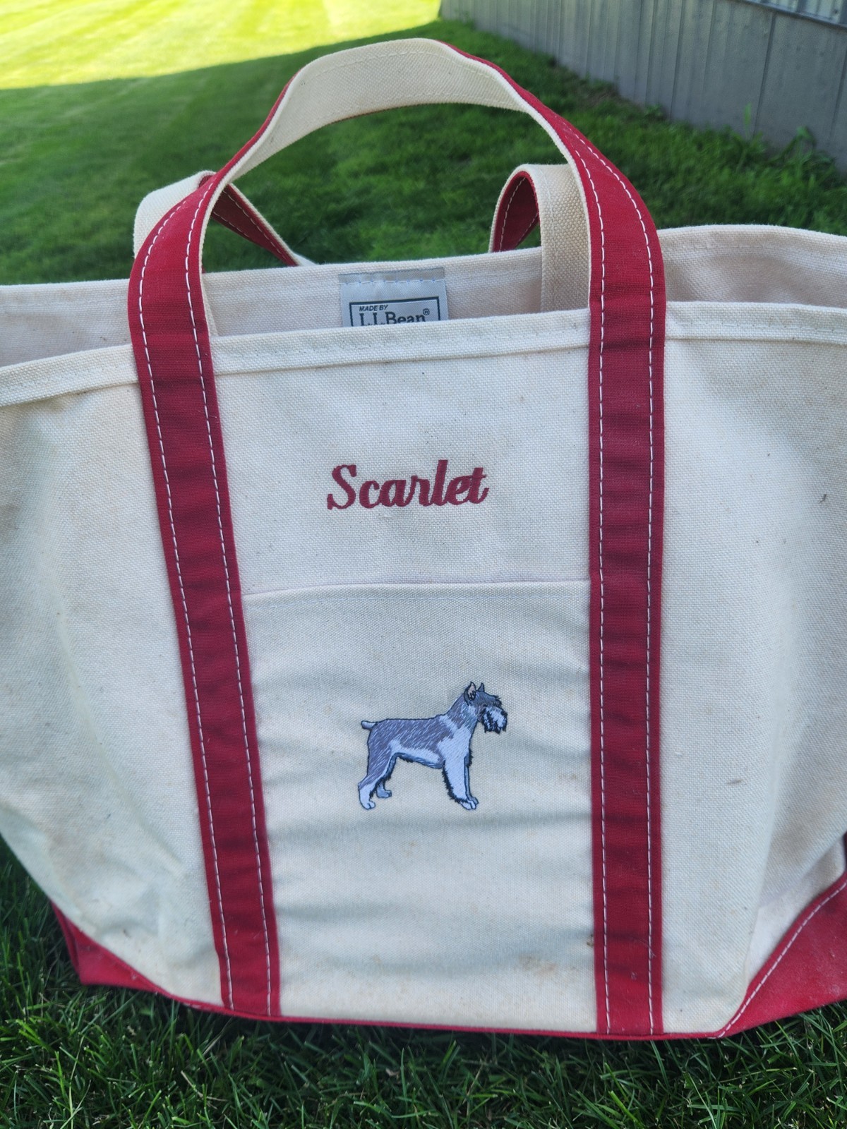 Vintage LL BEAN Boat and Tote Canvas Bag Scarlet Embroidered Dog Ivory Red Trim